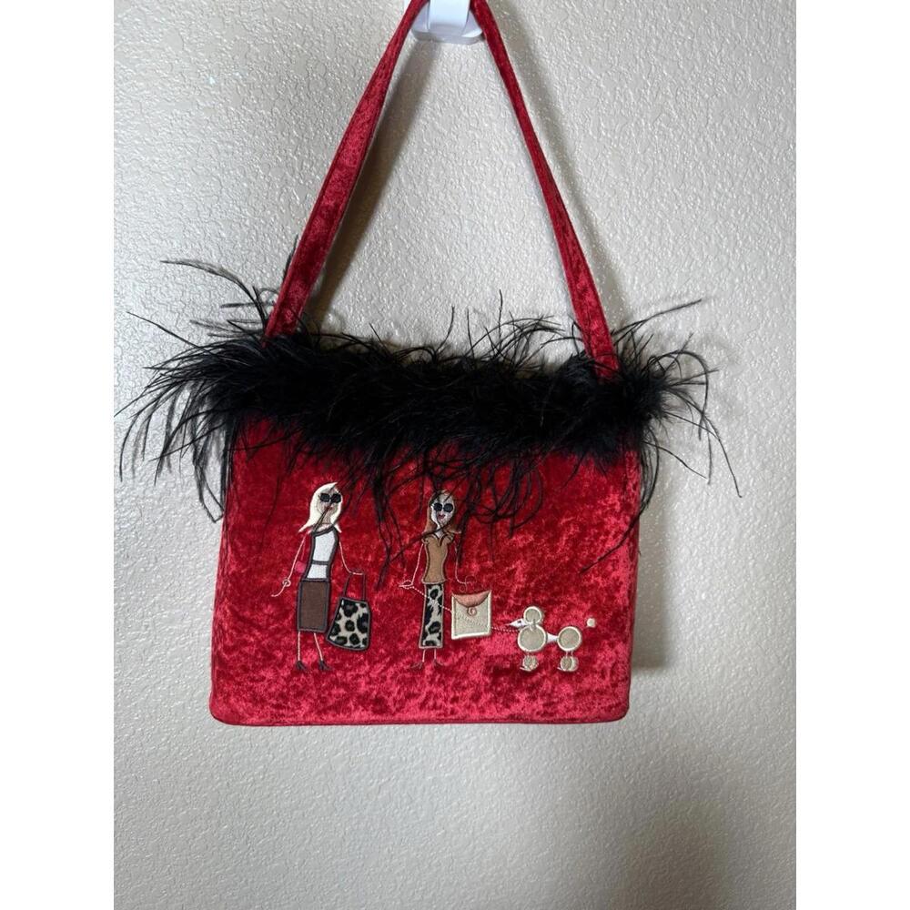 Gigi Red Velvet Bag Purse With Black‎ Ostrich Feathers Dog Poodle Shopping